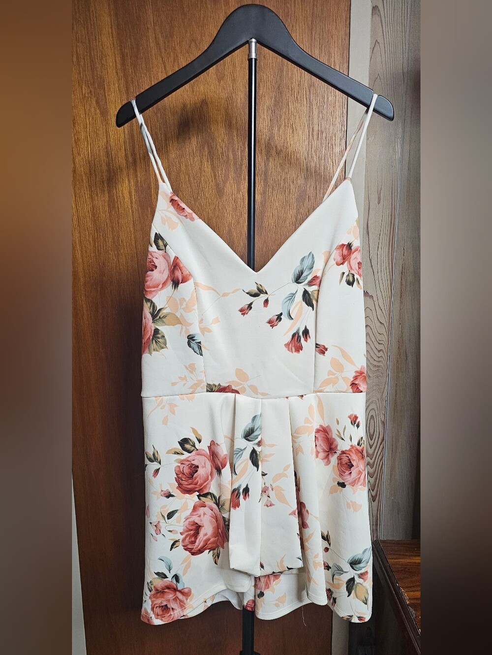 January 7 Cream Floral Spaghetti-Strap Romper with Pink Rose Print